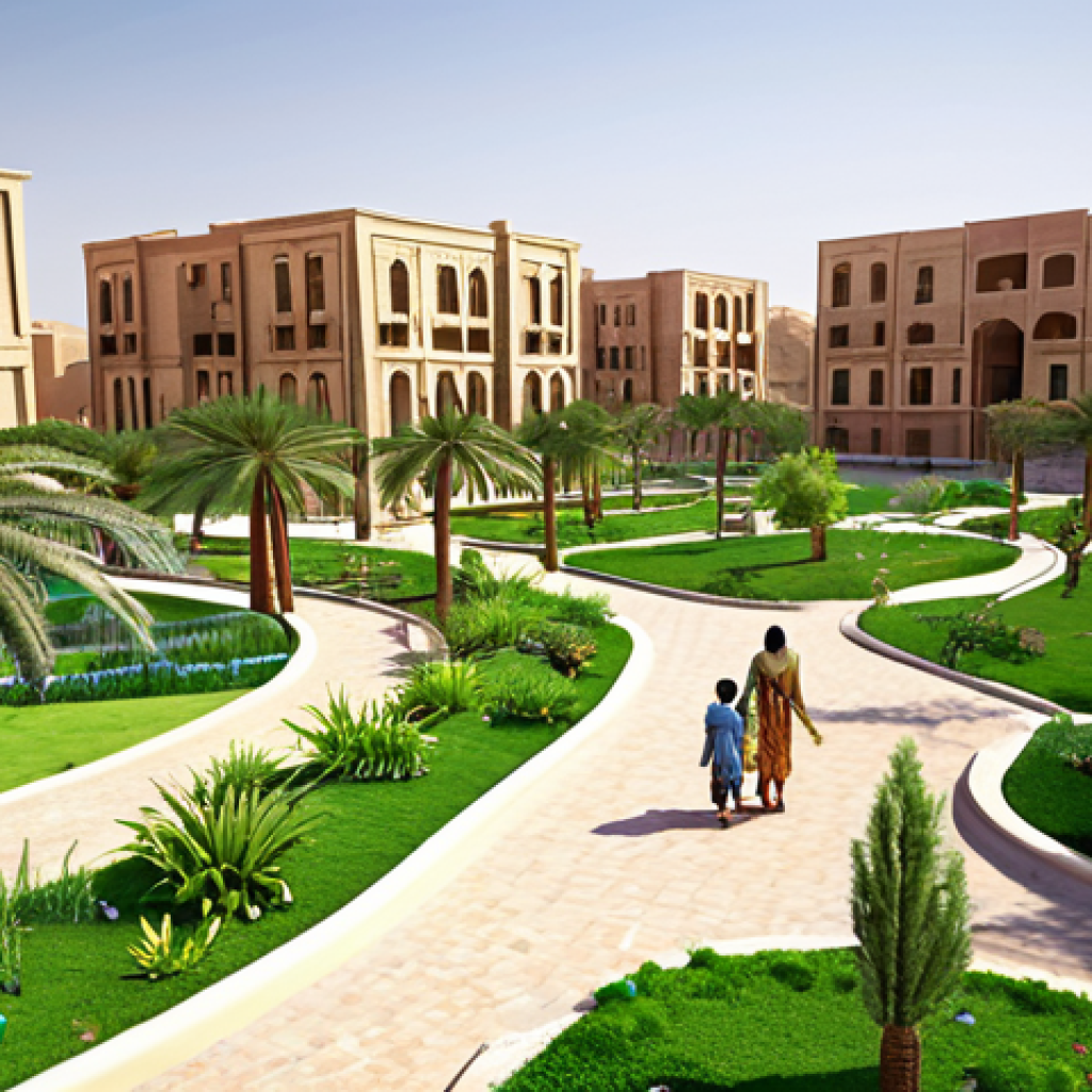 **Image Prompt:** A vibrant, green urban park in an arid Arabic city, showcasing advanced water recycling systems and native drought-resistant plants, with families enjoying the cool, shaded spaces. Focus on illustrating sustainable water management within a community setting.