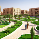 **Image Prompt:** A vibrant, green urban park in an arid Arabic city, showcasing advanced water recycling systems and native drought-resistant plants, with families enjoying the cool, shaded spaces. Focus on illustrating sustainable water management within a community setting.