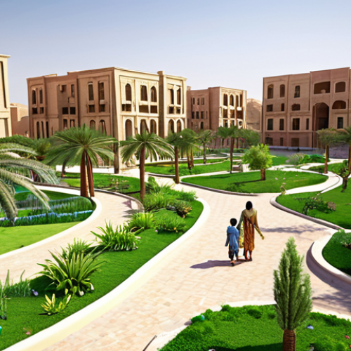 Home 4 **Image Prompt:** A vibrant, green urban park in an arid Arabic city, showcasing advanced water recycling systems and native drought-resistant plants, with families enjoying the cool, shaded spaces. Focus on illustrating sustainable water management within a community setting.