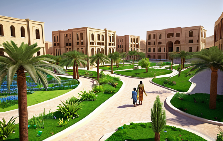 **Image Prompt:** A vibrant, green urban park in an arid Arabic city, showcasing advanced water recycling systems and native drought-resistant plants, with families enjoying the cool, shaded spaces. Focus on illustrating sustainable water management within a community setting.