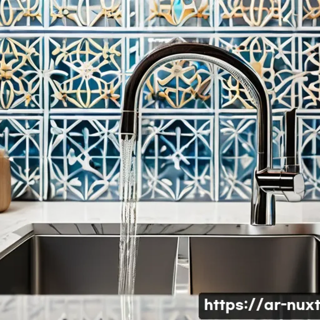 물 관리의 지속 가능성을 위한 연구 - A modern Arab household kitchen scene featuring smart faucets and flow-control devices installed on ...