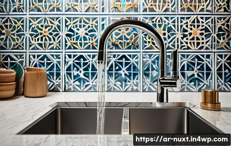 물 관리의 지속 가능성을 위한 연구 - A modern Arab household kitchen scene featuring smart faucets and flow-control devices installed on ...