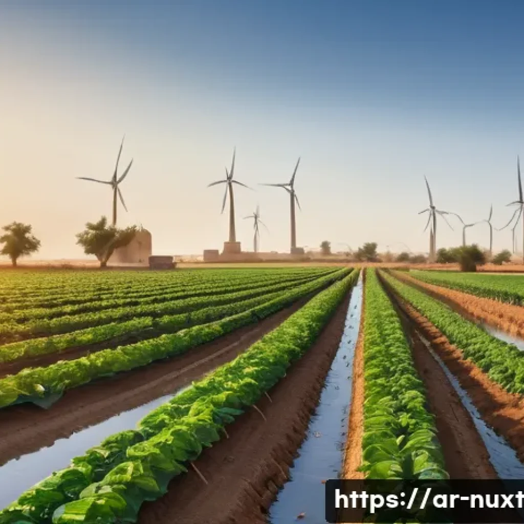 통합 수자원 관리의 실행 가능한 모델 - A vibrant Middle Eastern agricultural landscape during sunrise, showcasing advanced smart irrigation...