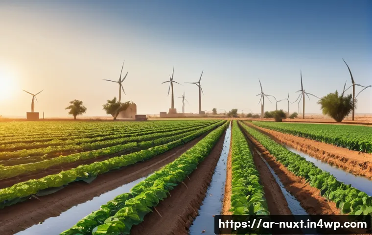 통합 수자원 관리의 실행 가능한 모델 - A vibrant Middle Eastern agricultural landscape during sunrise, showcasing advanced smart irrigation...