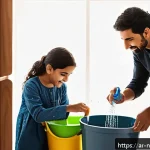 물 부족 문제 해결을 위한 통합 전략 - A modern Middle Eastern home interior featuring a family practicing water conservation habits: a wom...