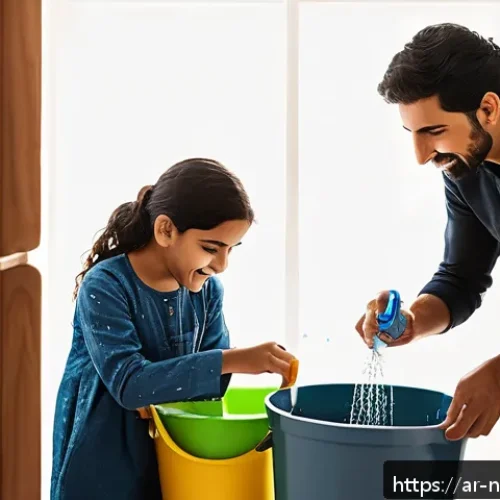 물 부족 문제 해결을 위한 통합 전략 - A modern Middle Eastern home interior featuring a family practicing water conservation habits: a wom...