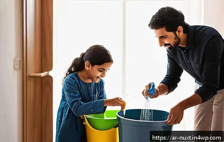 물 부족 문제 해결을 위한 통합 전략 - A modern Middle Eastern home interior featuring a family practicing water conservation habits: a wom...