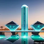 물 관리의 미래를 위한 시나리오 분석 - A futuristic water quality monitoring station in a Middle Eastern desert city at sunset, featuring a...