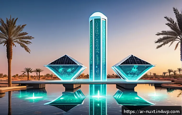 물 관리의 미래를 위한 시나리오 분석 - A futuristic water quality monitoring station in a Middle Eastern desert city at sunset, featuring a...