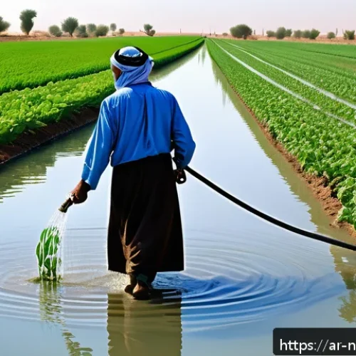 통합 수자원 관리의 법적 측면 - A detailed scene of an Arab agricultural landscape in the Middle East, showcasing modern drip irriga...