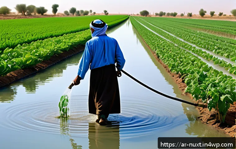 통합 수자원 관리의 법적 측면 - A detailed scene of an Arab agricultural landscape in the Middle East, showcasing modern drip irriga...