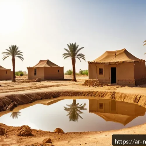 지하수 관리의 중요성과 미래 - A detailed rural Middle Eastern village scene showing a community well surrounded by dry cracked ear...
