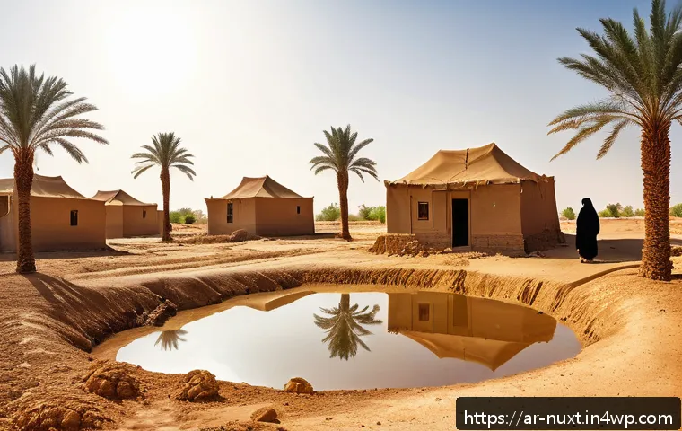 지하수 관리의 중요성과 미래 - A detailed rural Middle Eastern village scene showing a community well surrounded by dry cracked ear...