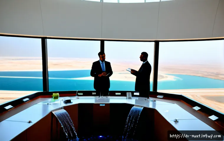 미래형 수자원 관리 정책 방향 - Photorealistic future water resource management control center in a modern Gulf-region city, diverse...